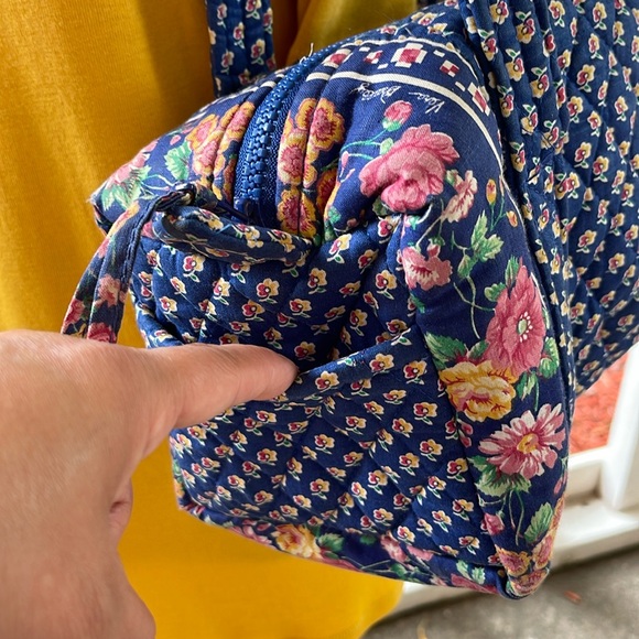 90s Vintage Vera Bradley Mini Duffel in Indiana Pattern Royal Blue Pocket Sides - Picture 7 of 17